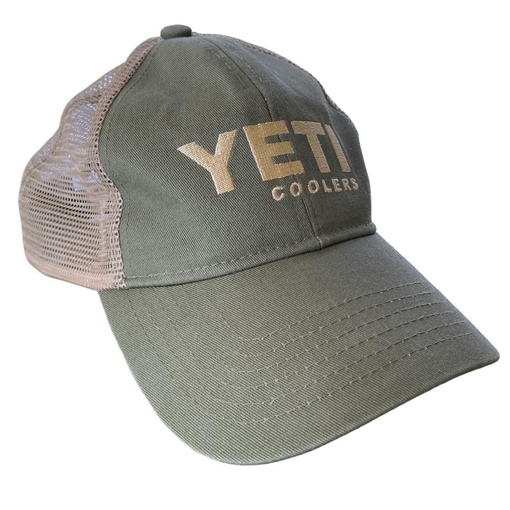 Yeti Coolers Hat Olive Green Beige Embroidered Trucker Cap Snap Back Adjustable